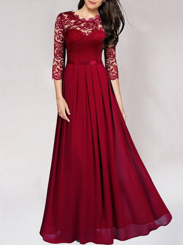 Langes Brautjungfernkleid Damen aus Spitze in Rot