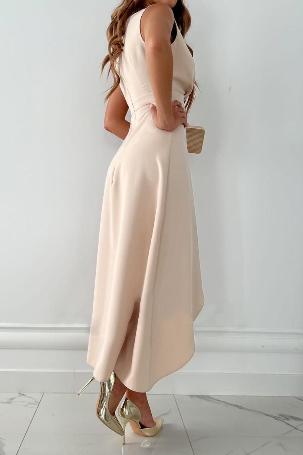 Satin Sleeveless Asymmetric Wrap Wedding Guest Midi Dress