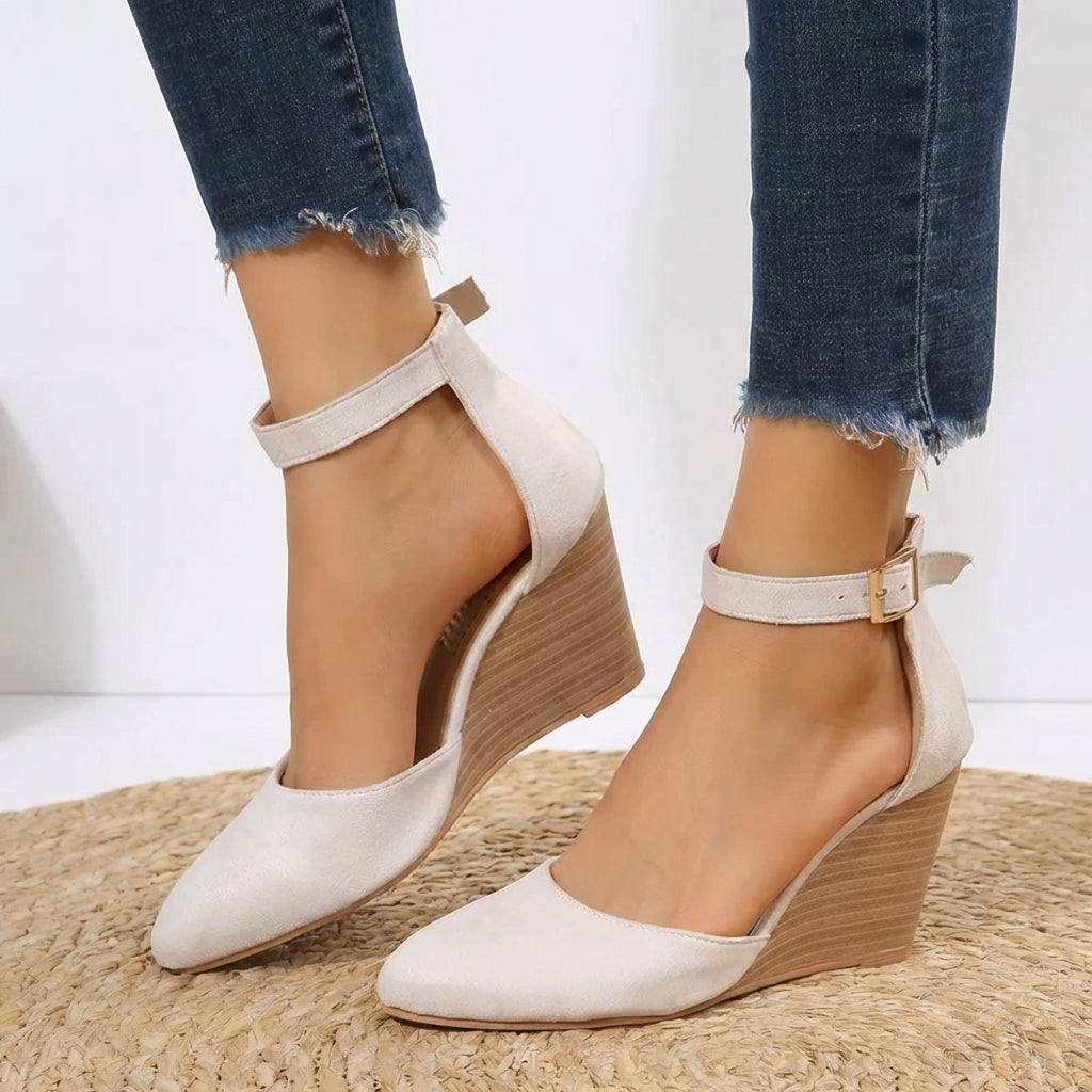 Pointed Toe Ankle Strap Wedge Heels