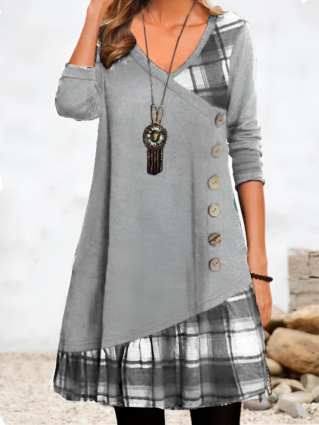 Kleid Lagenlook V Ausschnitt Grau