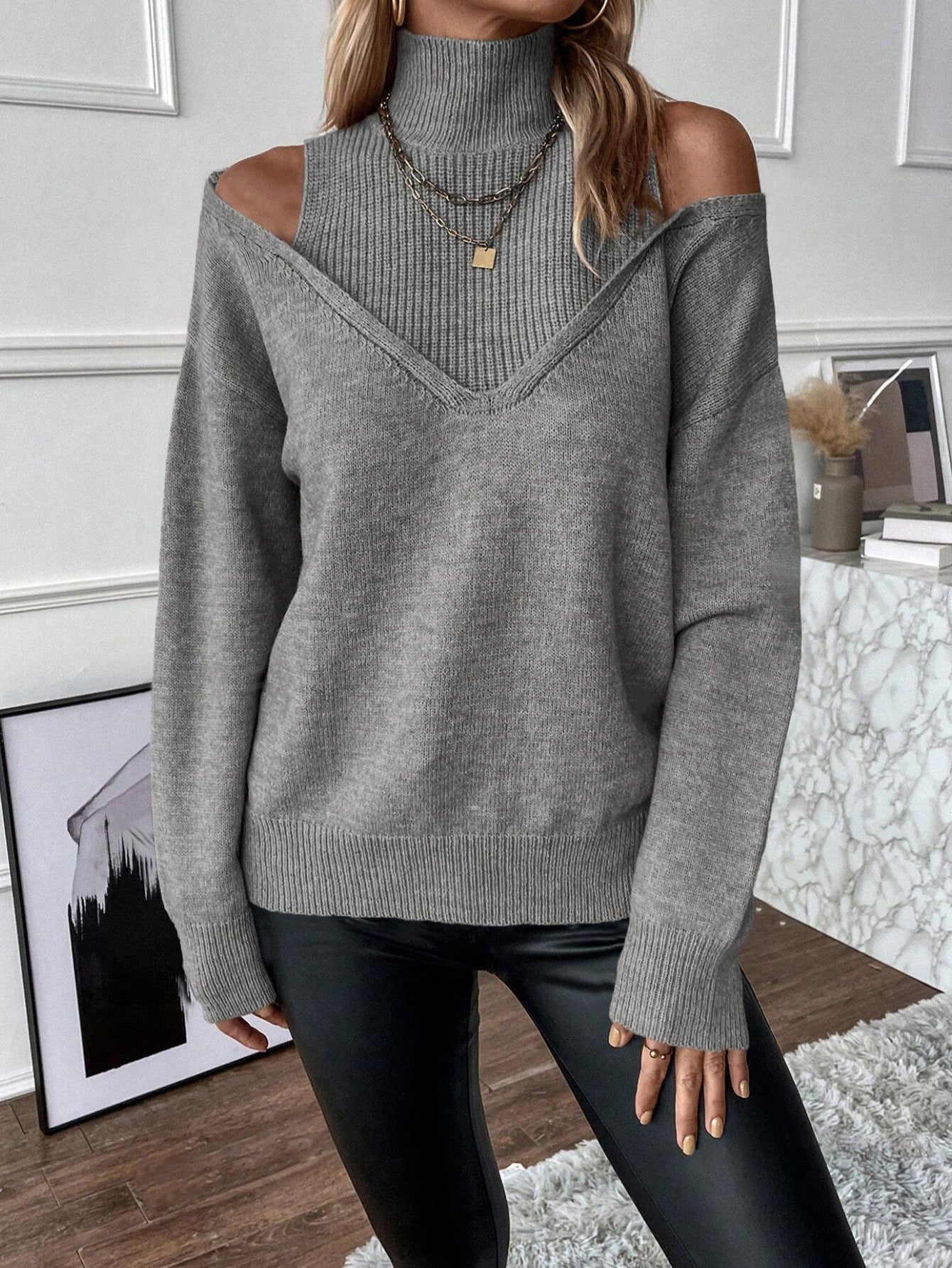 Off-Shoulder Rollkragenpullover Grau Strick