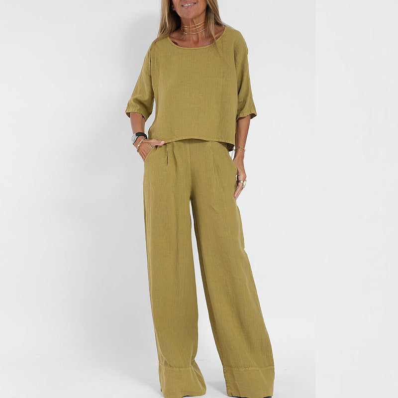 Linen Blend Wide-Leg Trouser Set