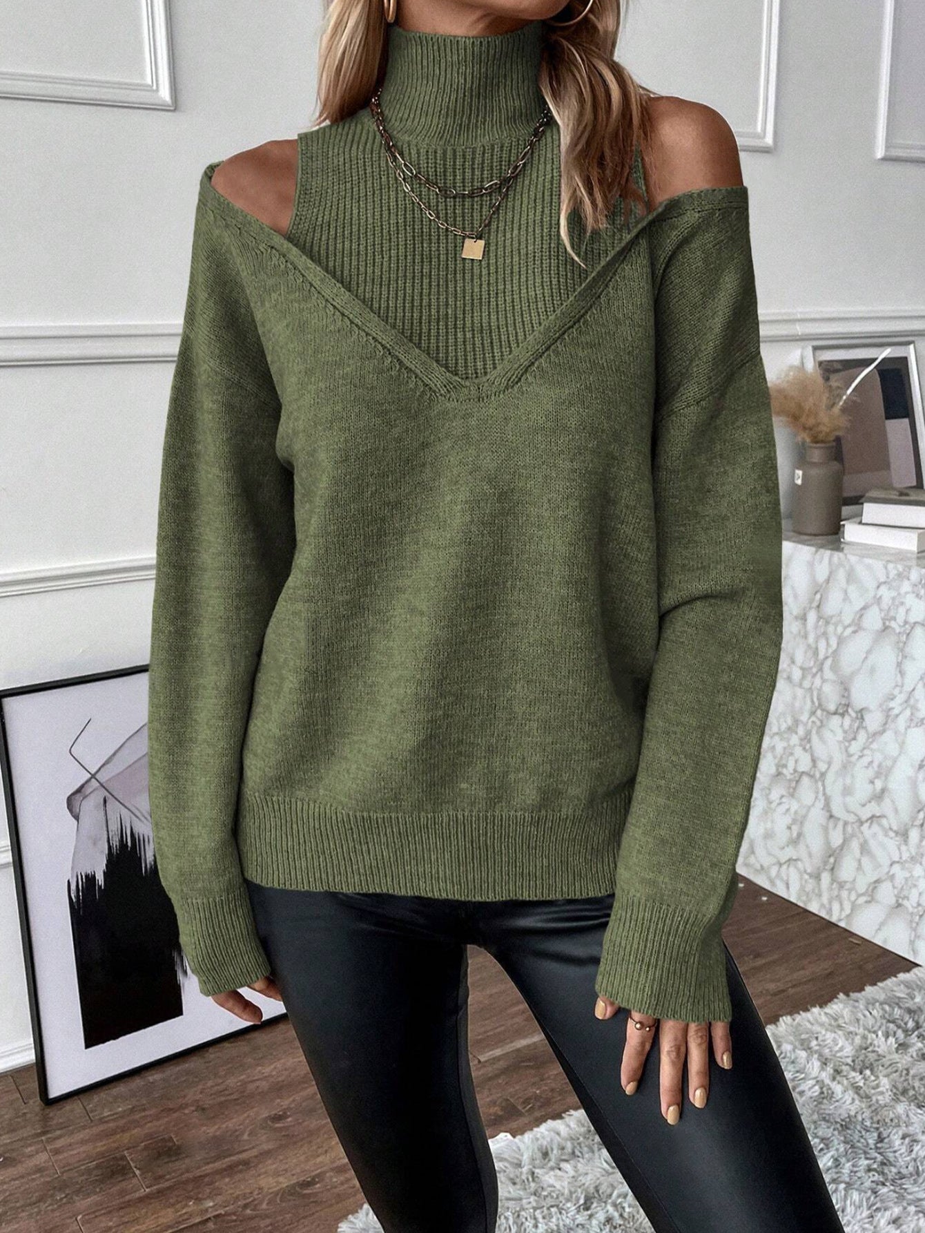 Off-Shoulder Rollkragenpullover Olivgrün Strick