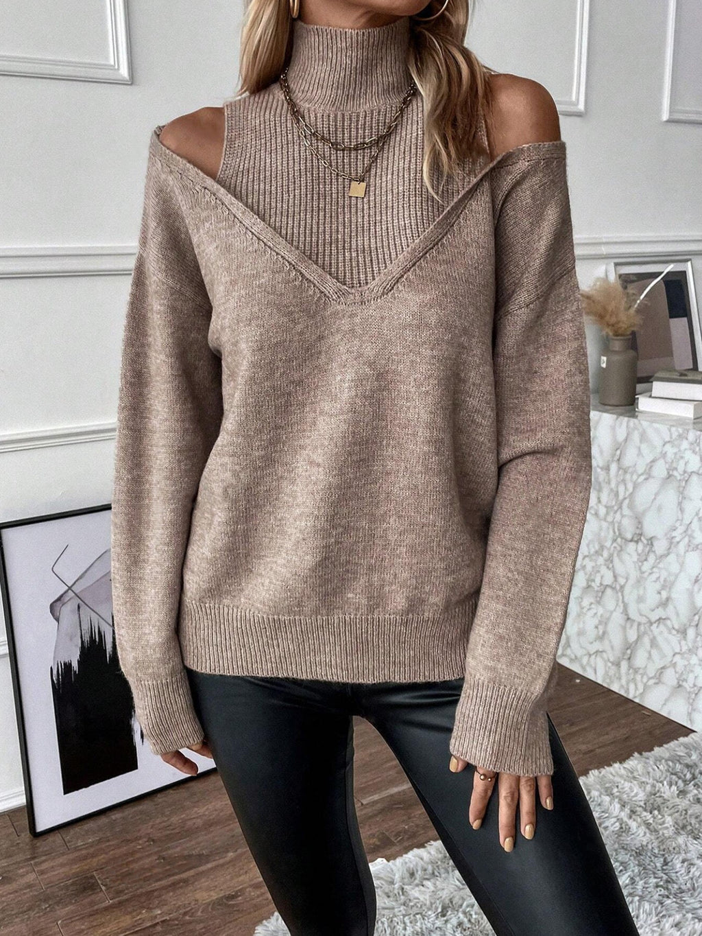 Off-Shoulder Rollkragenpullover Khaki Strick