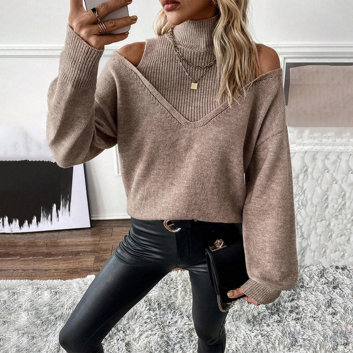 Off-Shoulder Rollkragenpullover Strick Detailansicht