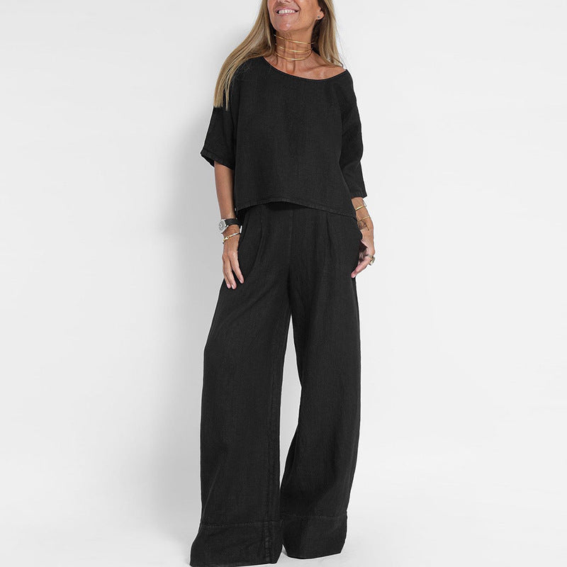 Linen Blend Wide-Leg Trouser Set
