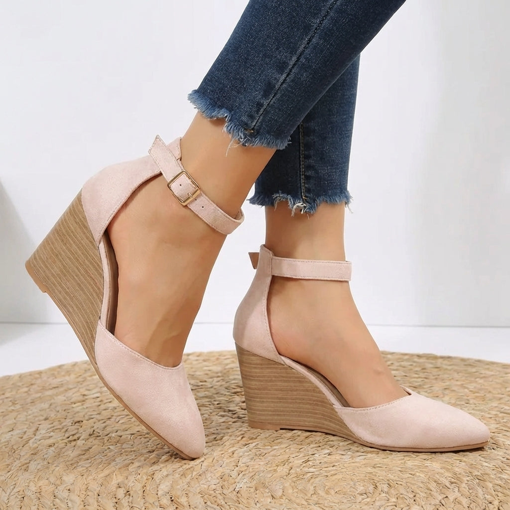 Pointed Toe Ankle Strap Wedge Heels