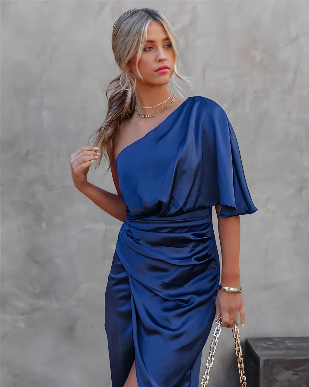 One-Shoulder Wrap Satin Wedding Guest Midi Dress