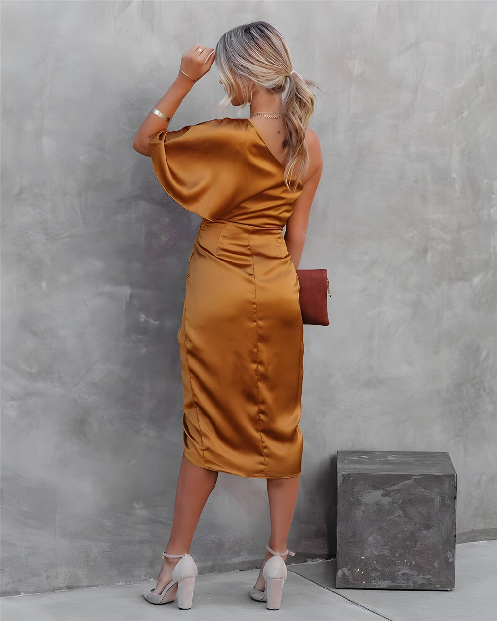 One-Shoulder Wrap Satin Wedding Guest Midi Dress