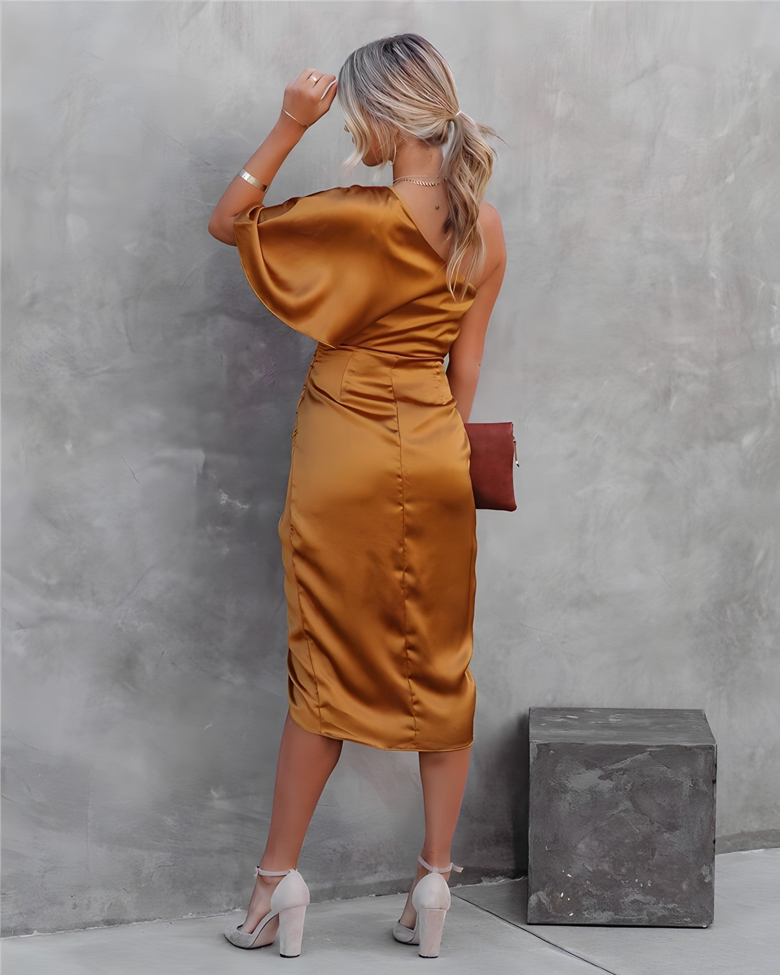 One-Shoulder Wrap Satin Wedding Guest Midi Dress