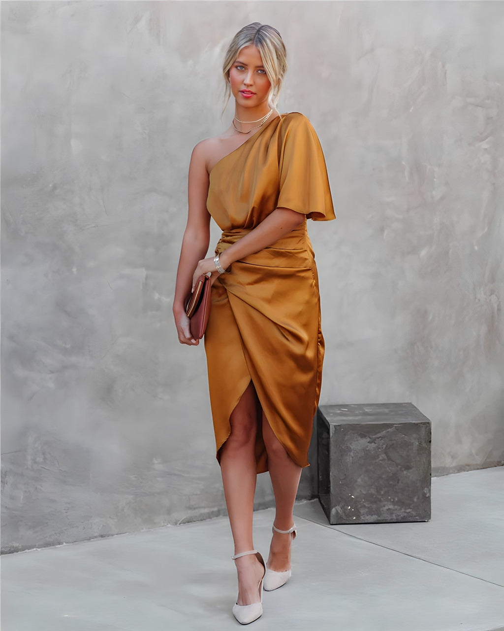 One-Shoulder Wrap Satin Wedding Guest Midi Dress