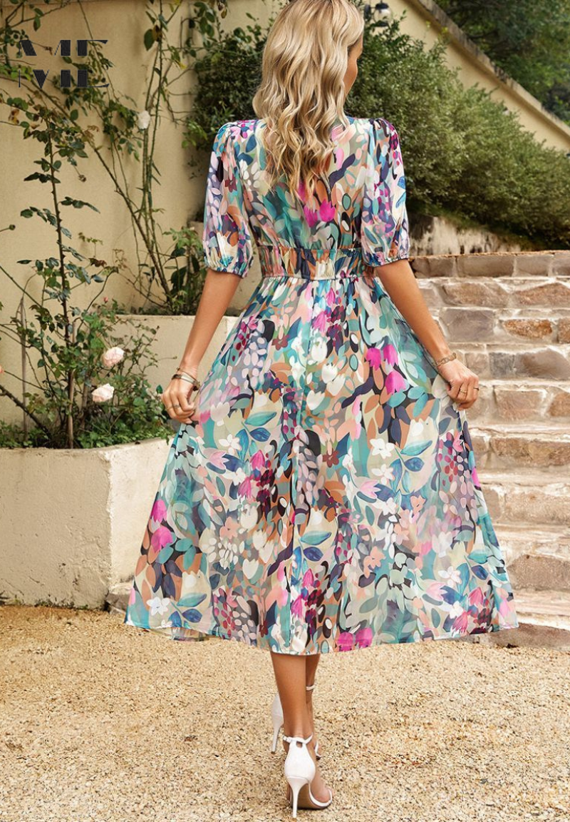 Floral Puff Sleeve Midi Dress