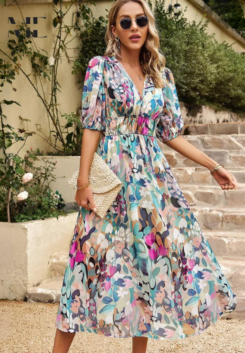 Floral Puff Sleeve Midi Dress