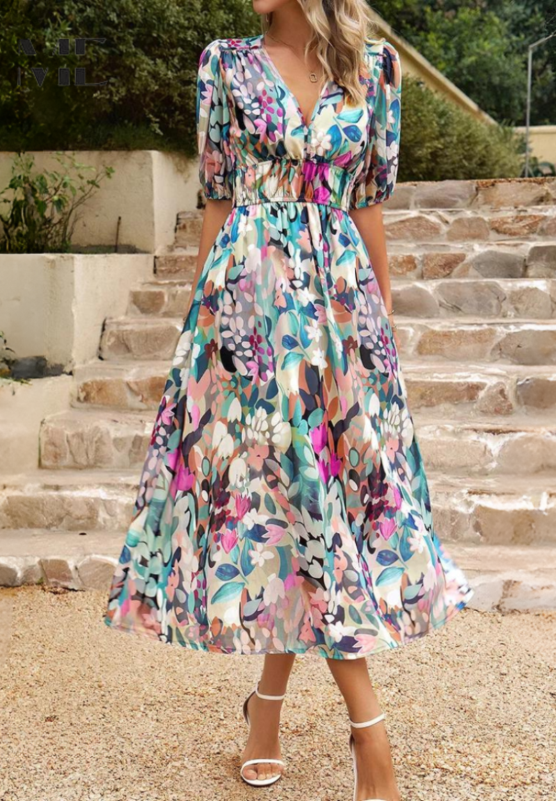 Floral Puff Sleeve Midi Dress