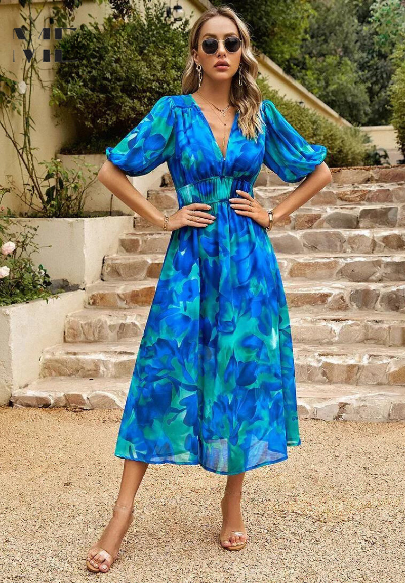 Floral Puff Sleeve Midi Dress
