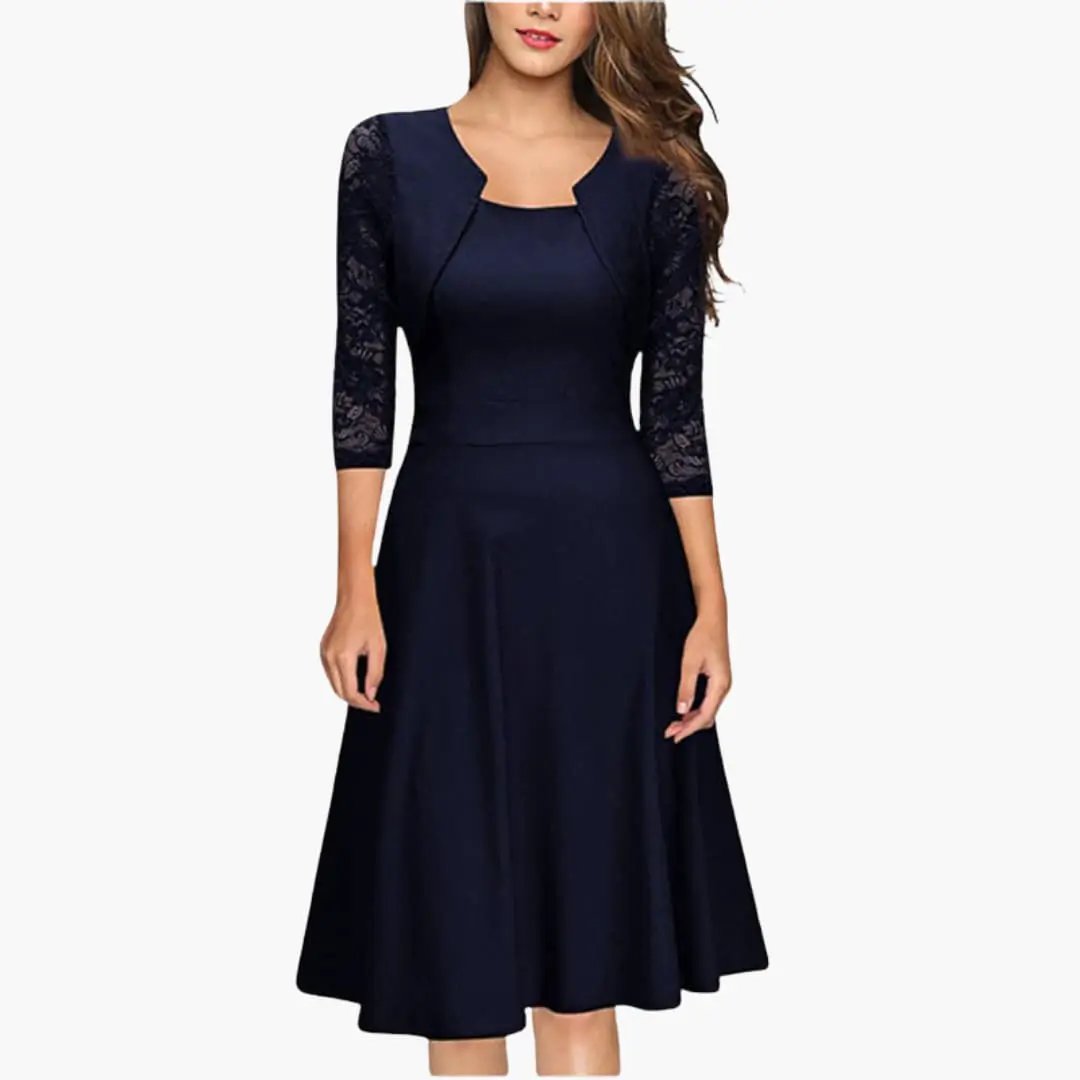 Lace Sleeve Flared A-Line Wedding Guest Midi Dress