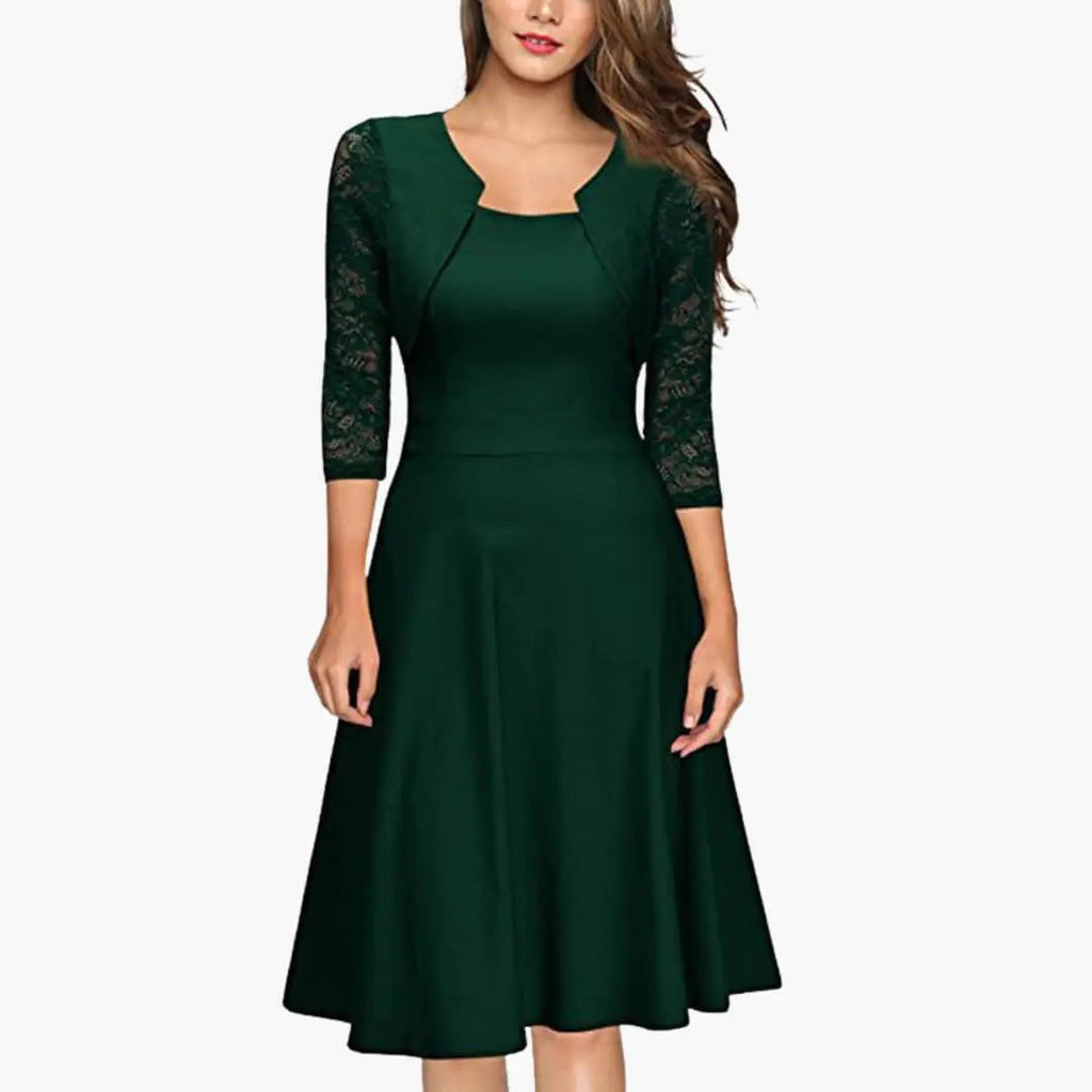 Lace Sleeve Flared A-Line Wedding Guest Midi Dress