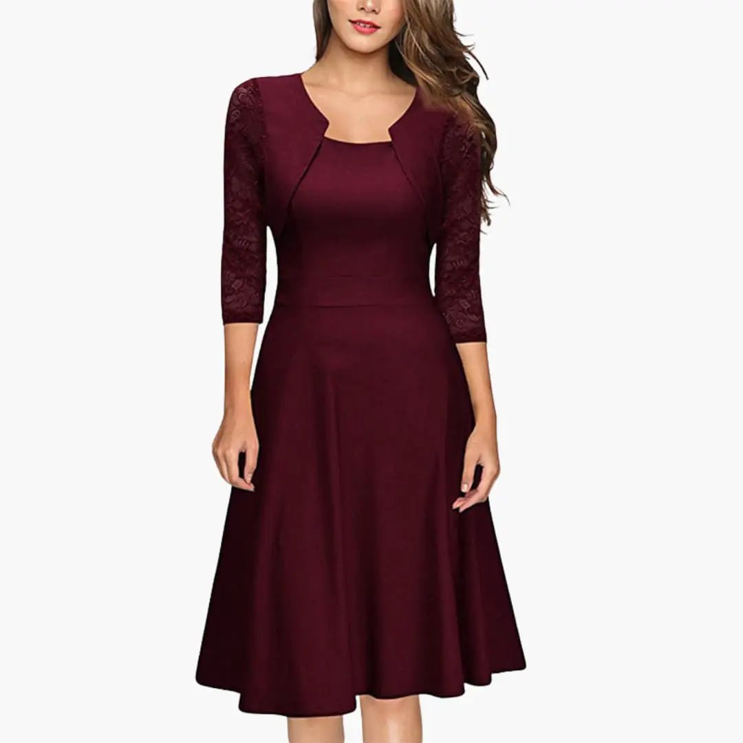 Lace Sleeve Flared A-Line Wedding Guest Midi Dress