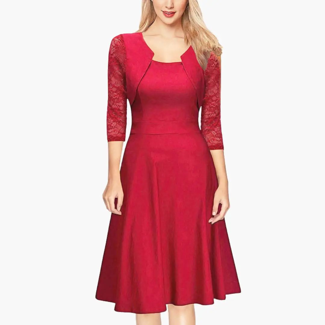 Lace Sleeve Flared A-Line Wedding Guest Midi Dress