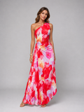 One-Shoulder Pleated Floral Wedding Guest Maxi Dress