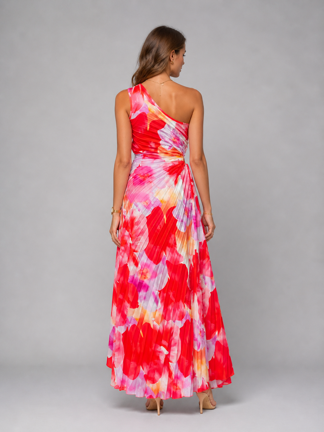 One-Shoulder Pleated Floral Wedding Guest Maxi Dress