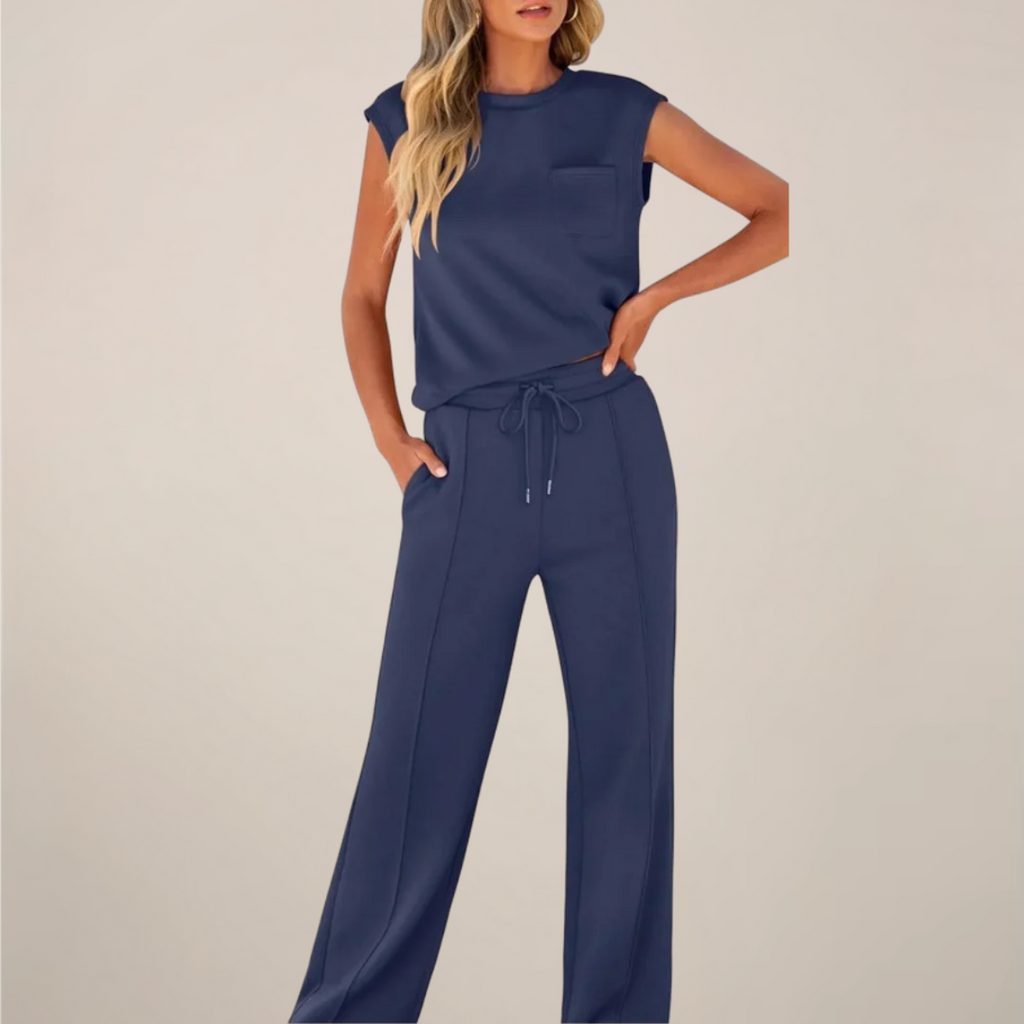 Zweiteiler Set Marineblau Top und Hose mit Kordelzug