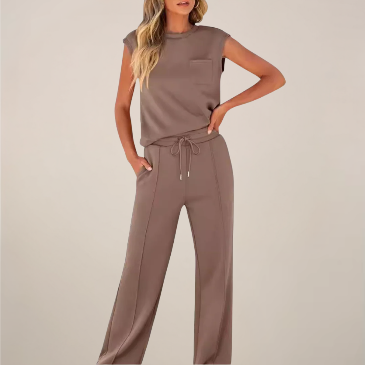 Zweiteiler Set Braun Top und Hose mit Kordelzug