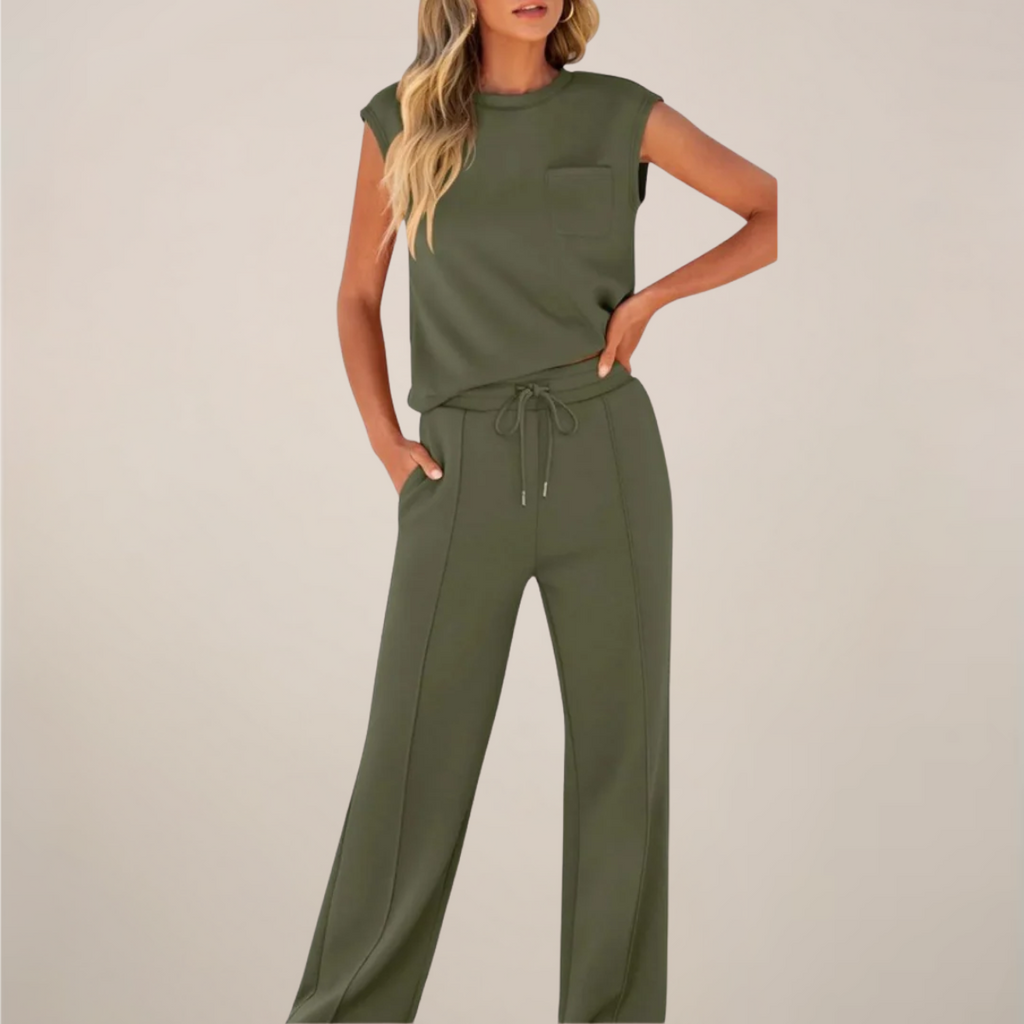 Zweiteiler Set Olivgrün Top und Hose mit Kordelzug