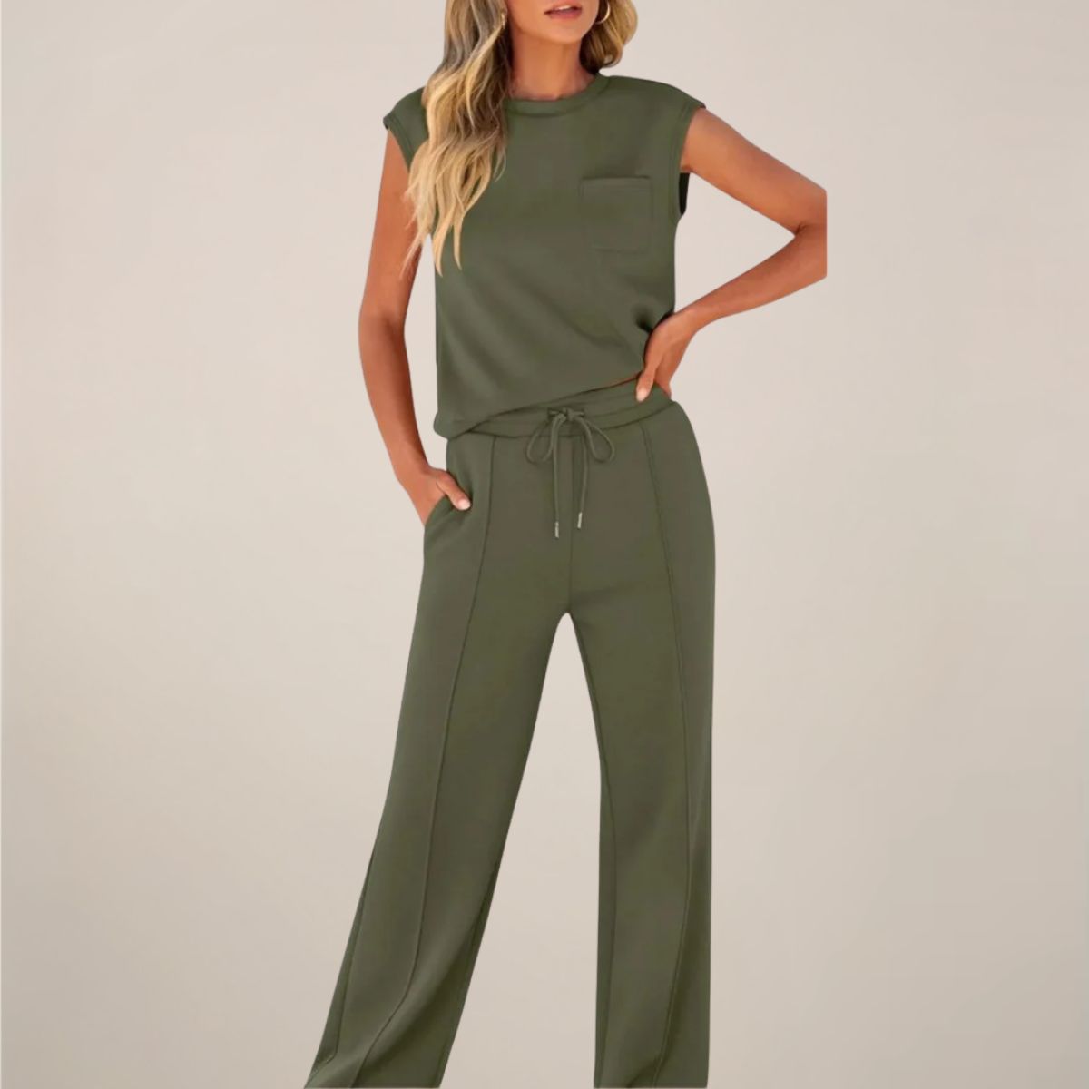 Zweiteiler Set Olivgrün Top und Hose mit Kordelzug