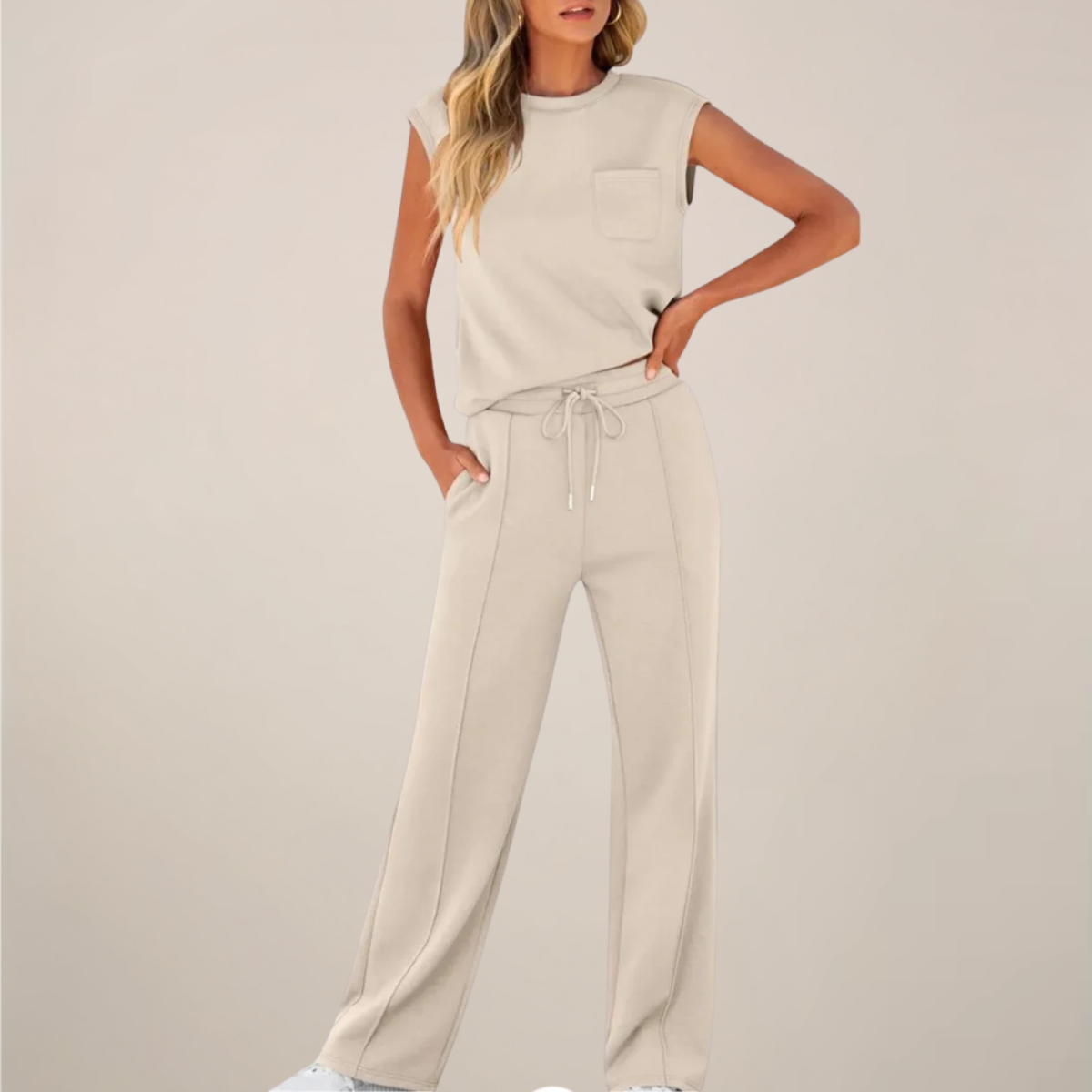 Zweiteiler Set Aprikose Top und Hose mit Kordelzug