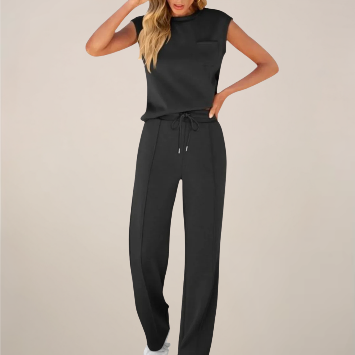 Zweiteiler Set Schwarz Top und Hose mit Kordelzug