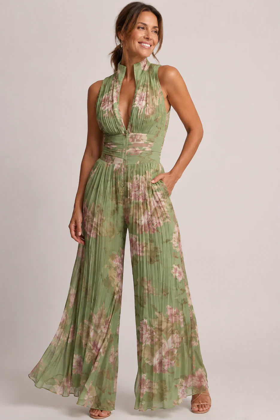 Floral Chiffon Wide-Leg V-Neck Jumpsuit