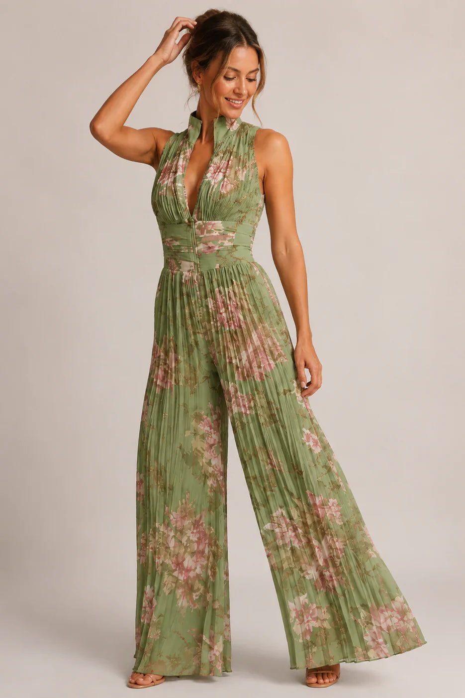 Floral Chiffon Wide-Leg V-Neck Jumpsuit