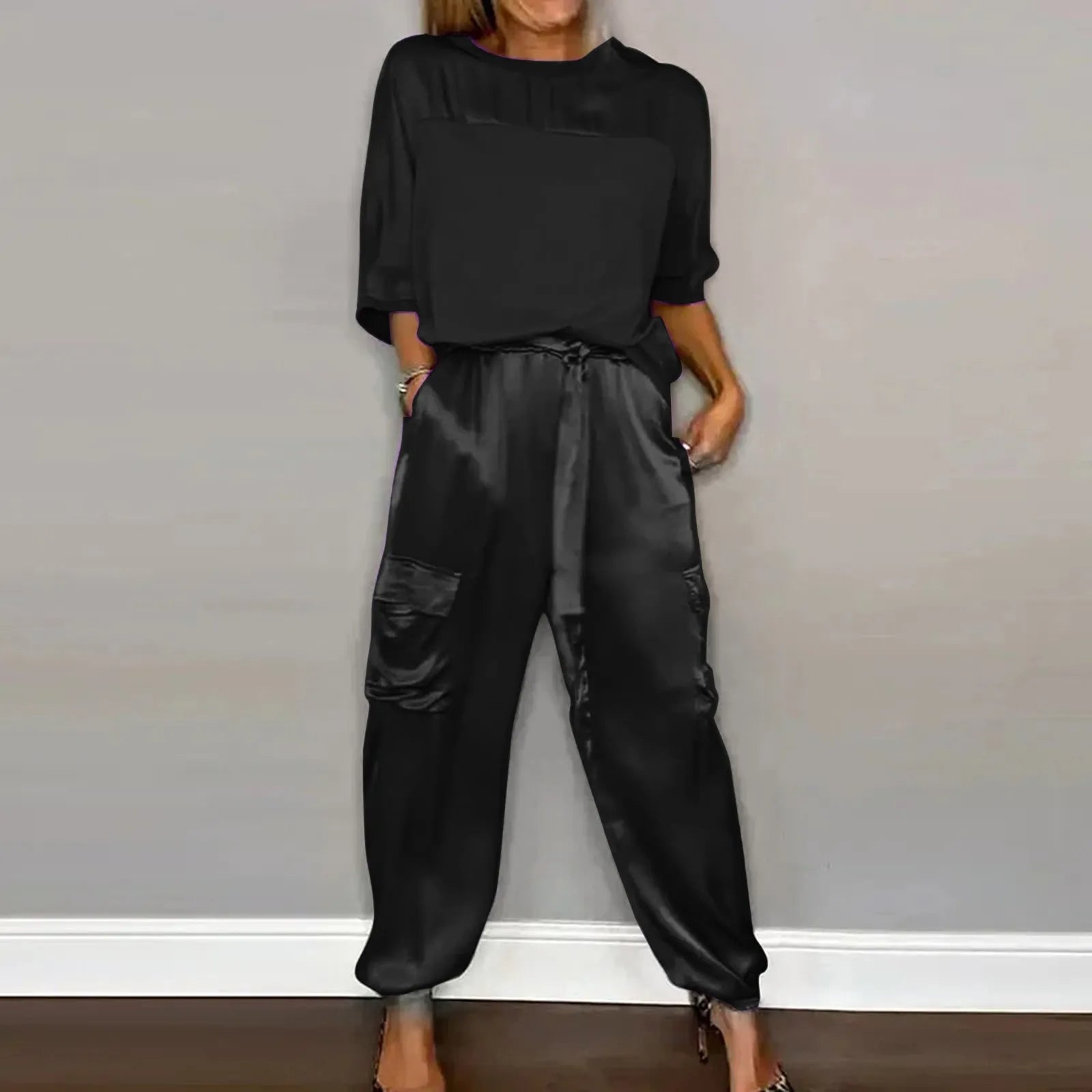 Zweiteiler Satin Bluse Schwarz