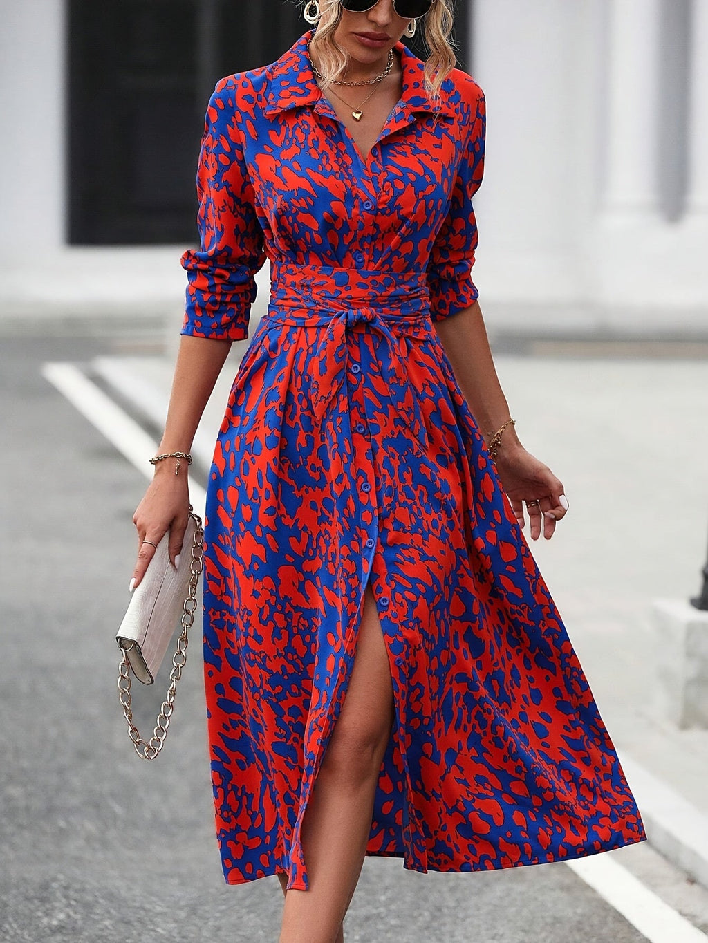 Geometric Print Belted Shirt Dress