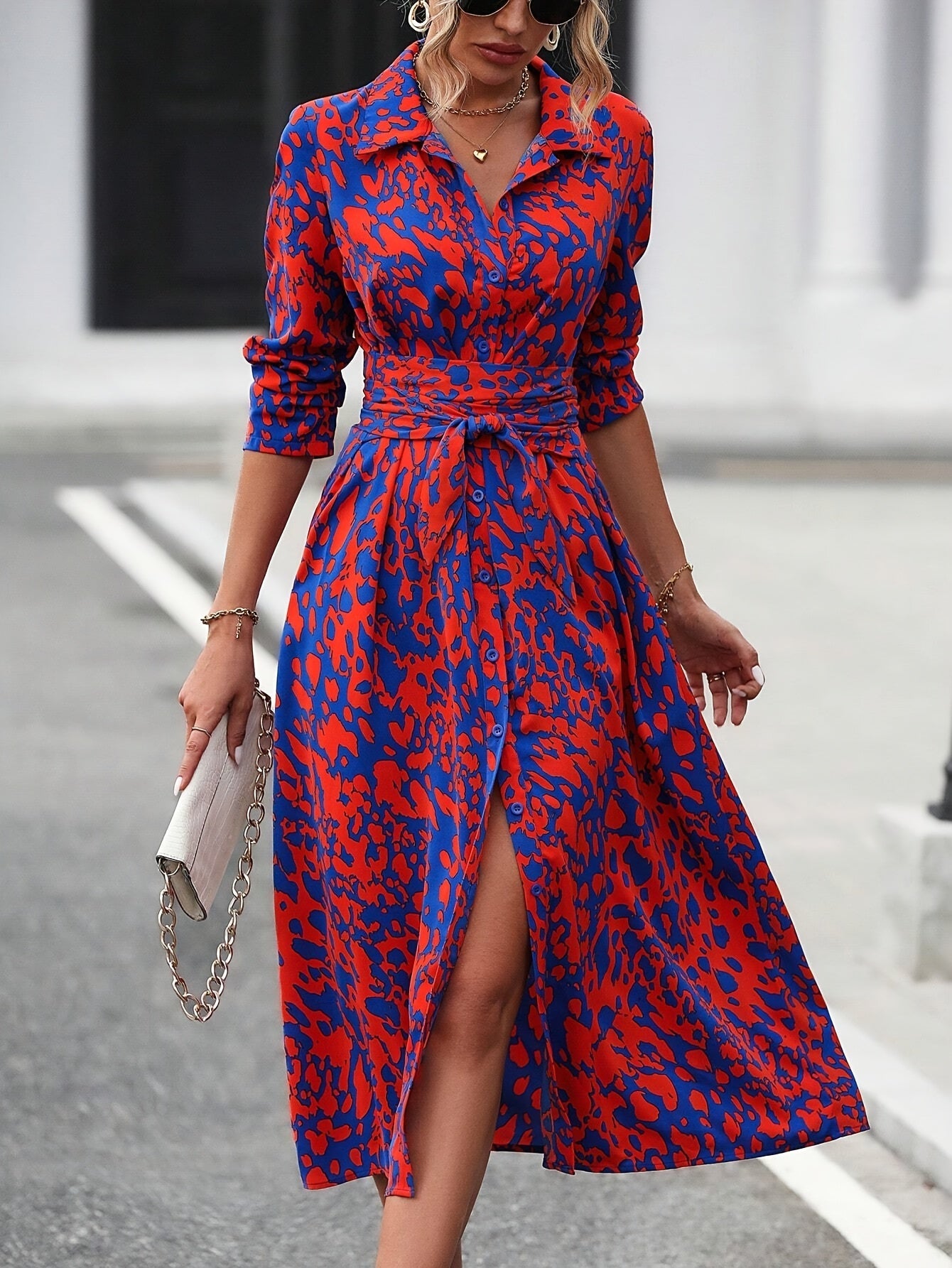 Geometric Print Belted Shirt Dress