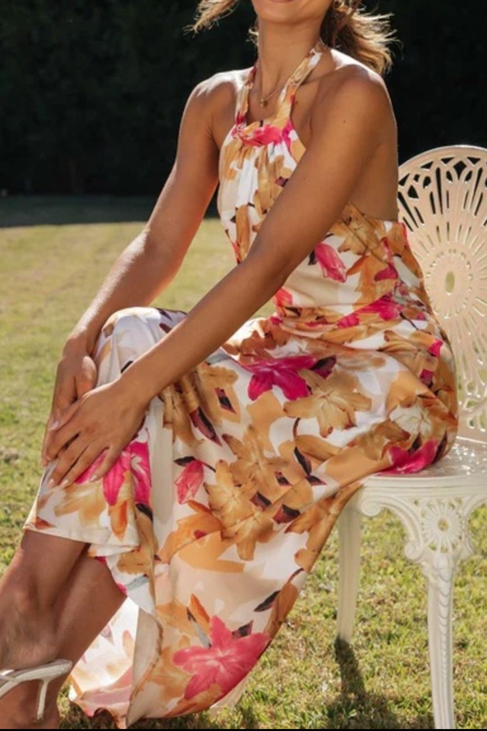 Floral Print Halter Neck Maxi Dress with Slit