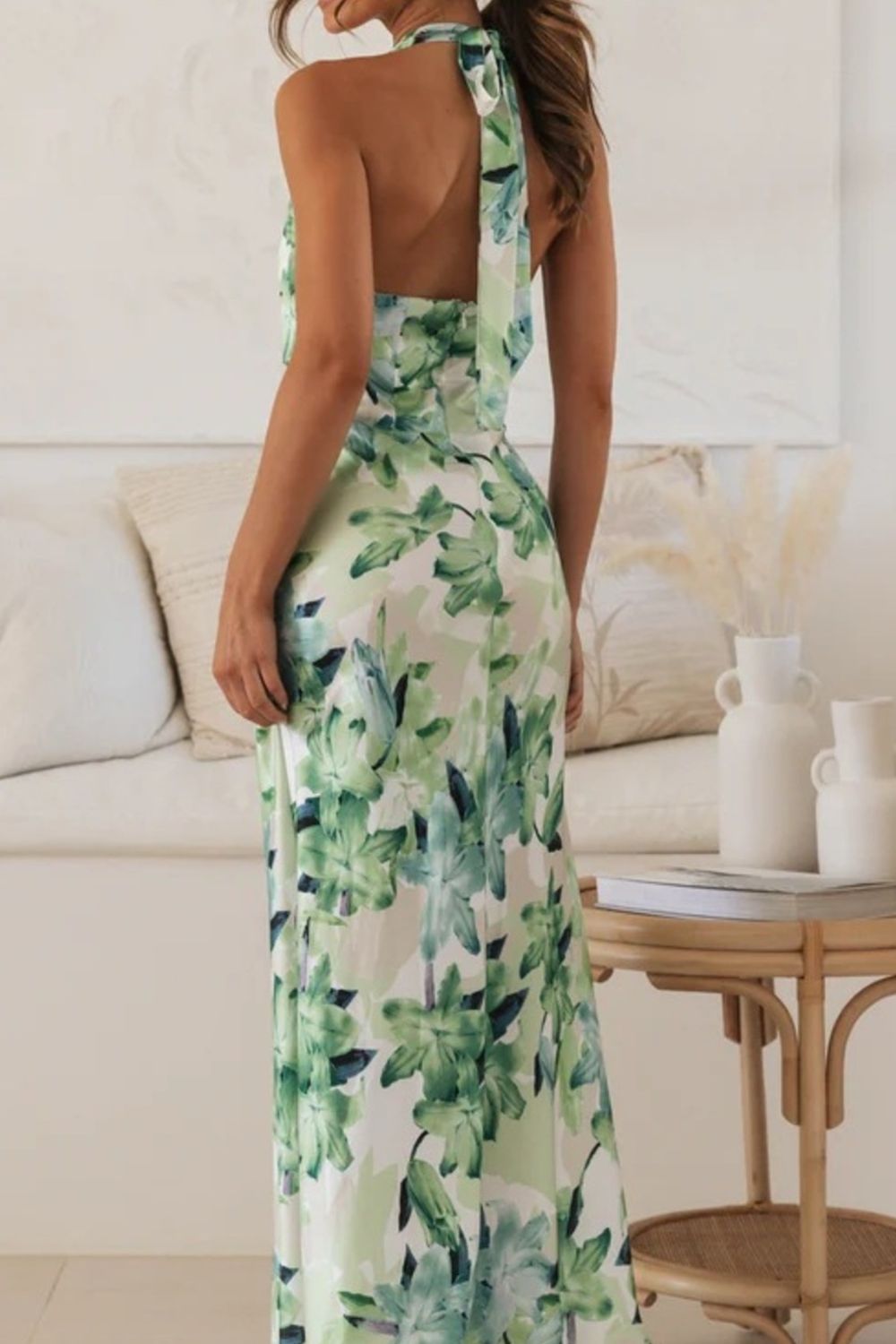 Floral Print Halter Neck Maxi Dress with Slit