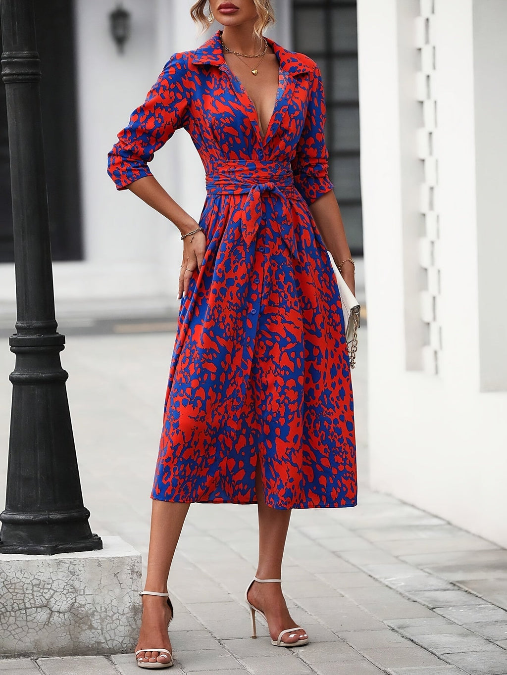 Geometric Print Belted Shirt Dress