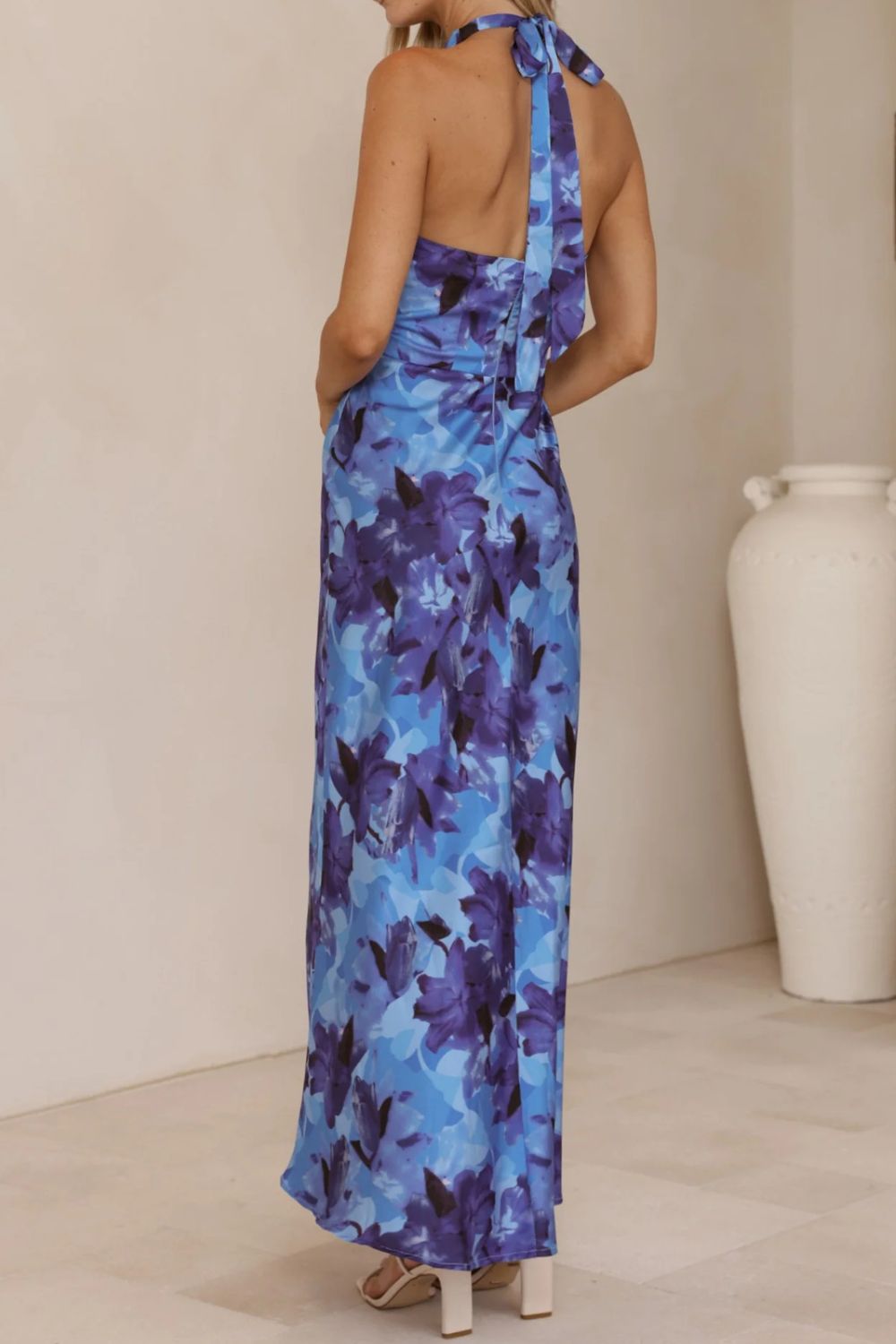 Floral Print Halter Neck Maxi Dress with Slit