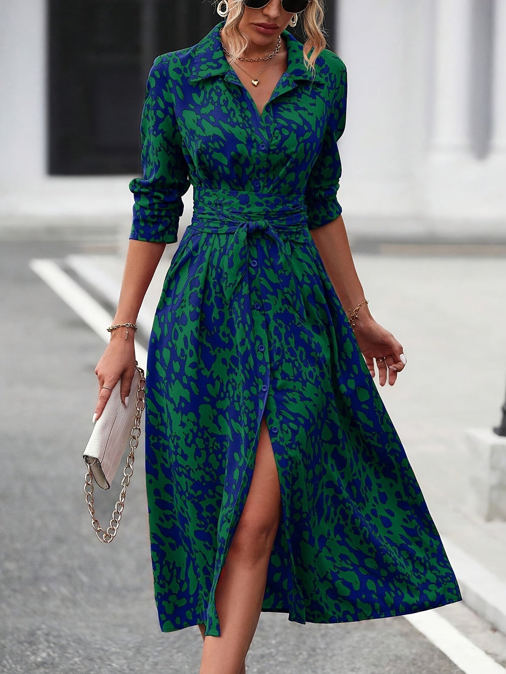 Geometric Print Belted Shirt Dress