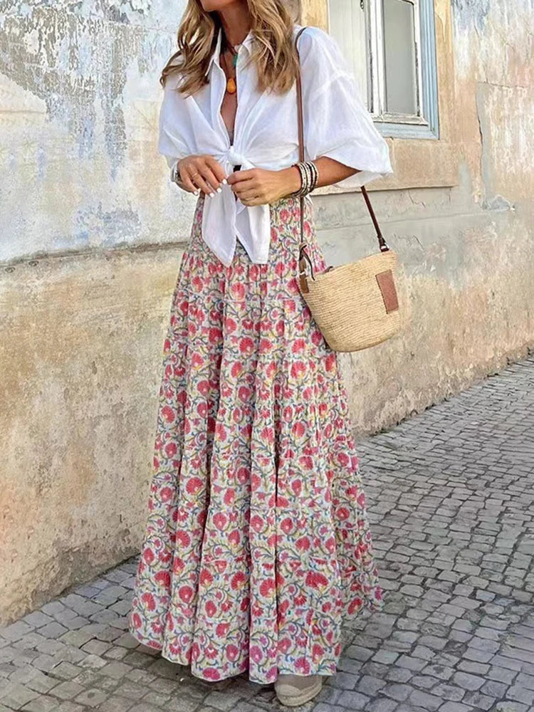 Floral A-Line Boho Chic High Waist Maxi Skirt
