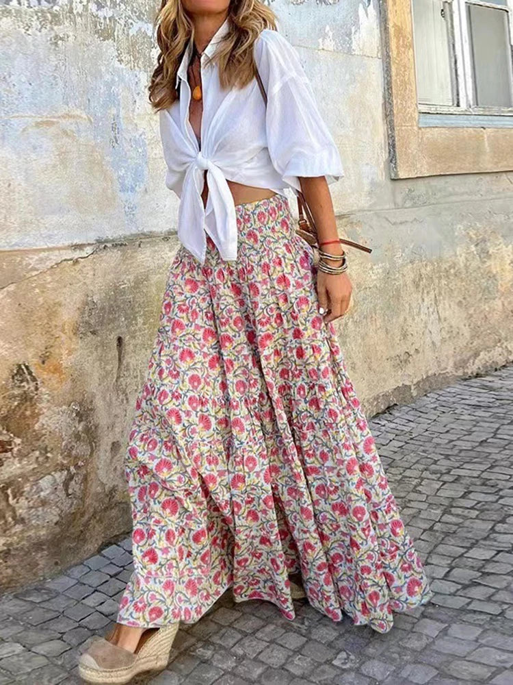Floral A-Line Boho Chic High Waist Maxi Skirt