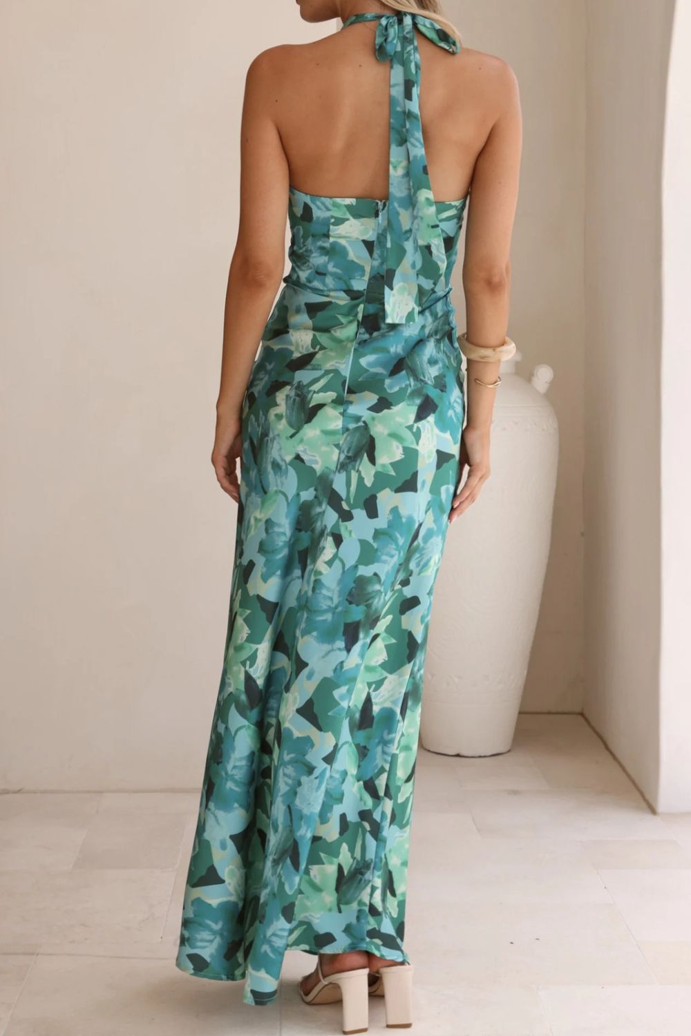 Floral Print Halter Neck Maxi Dress with Slit