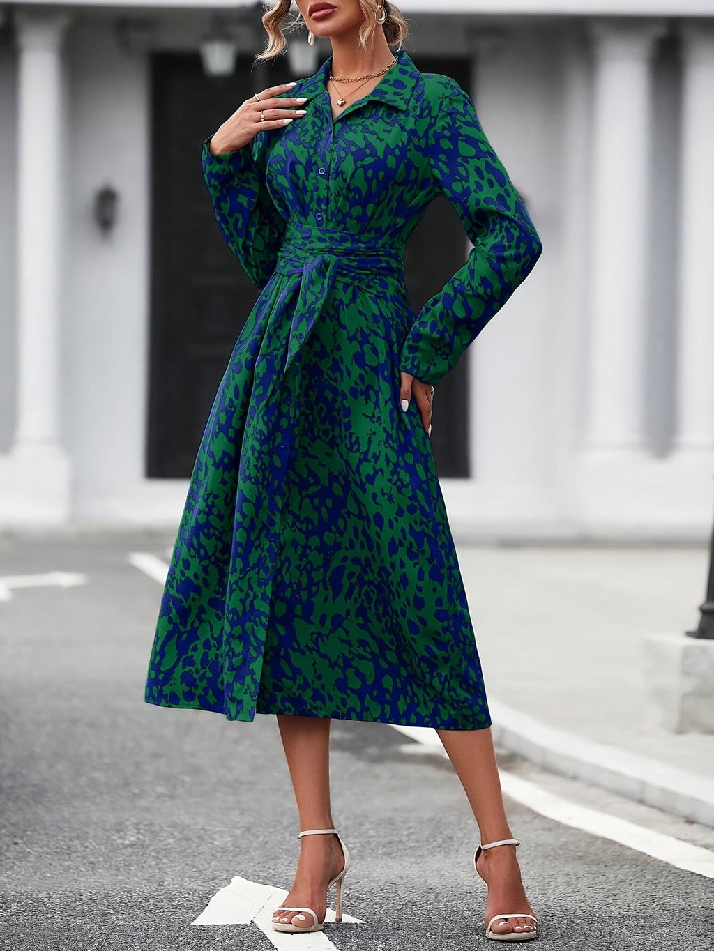 Geometric Print Belted Shirt Dress