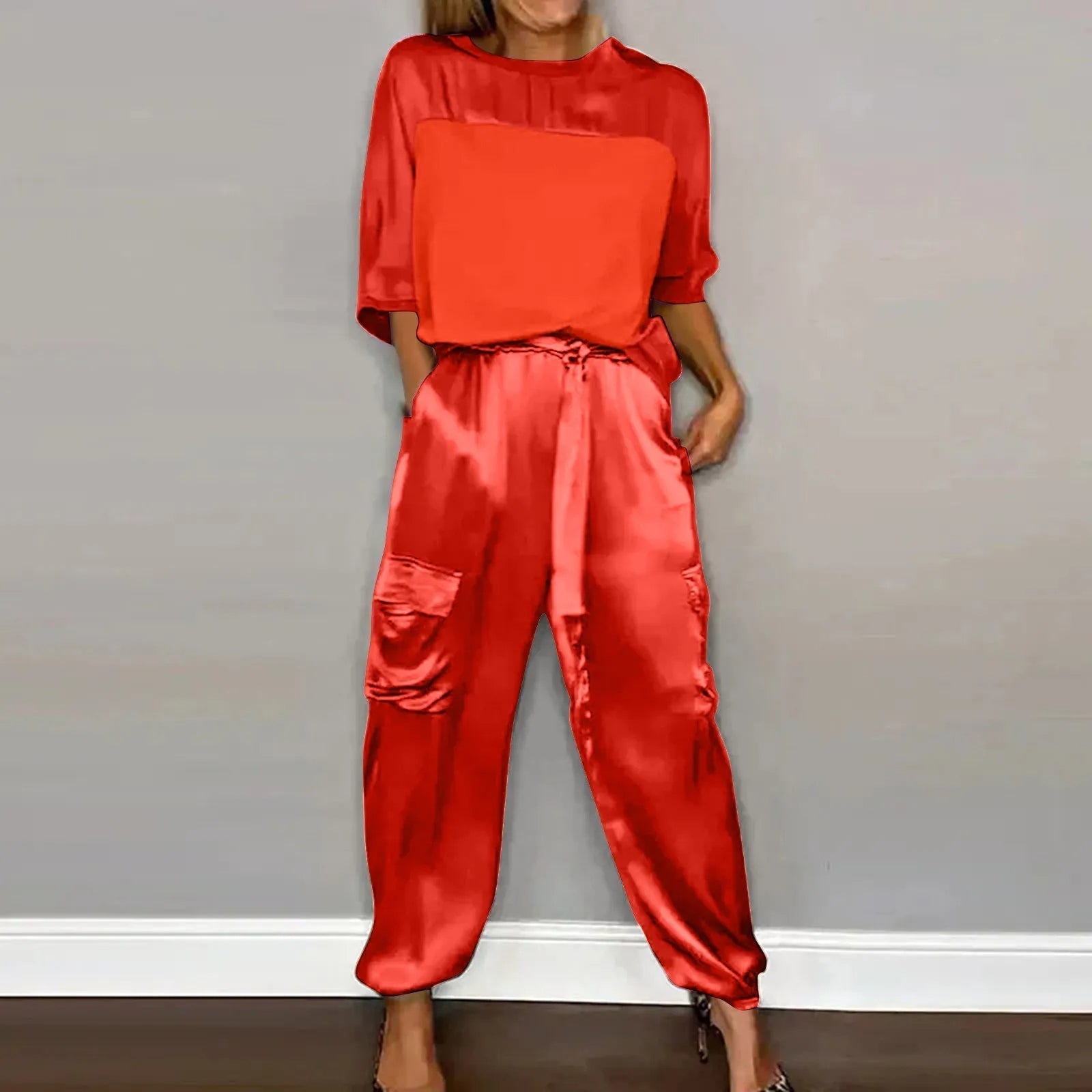 Zweiteiler Satin Bluse Orange