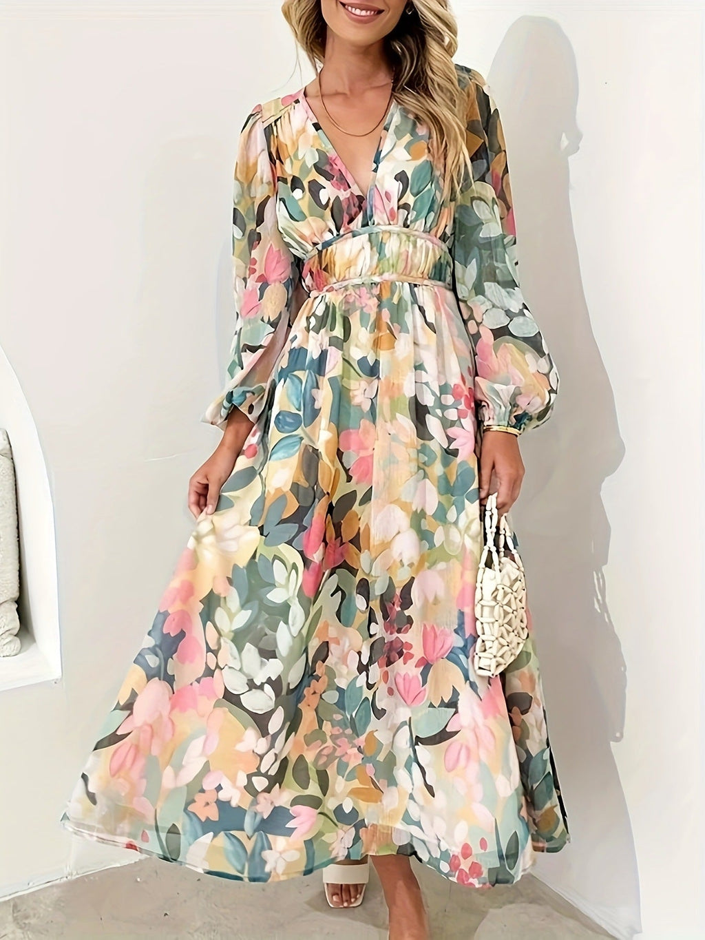 Floral Print Long Sleeve Wedding Guest Midi Dress