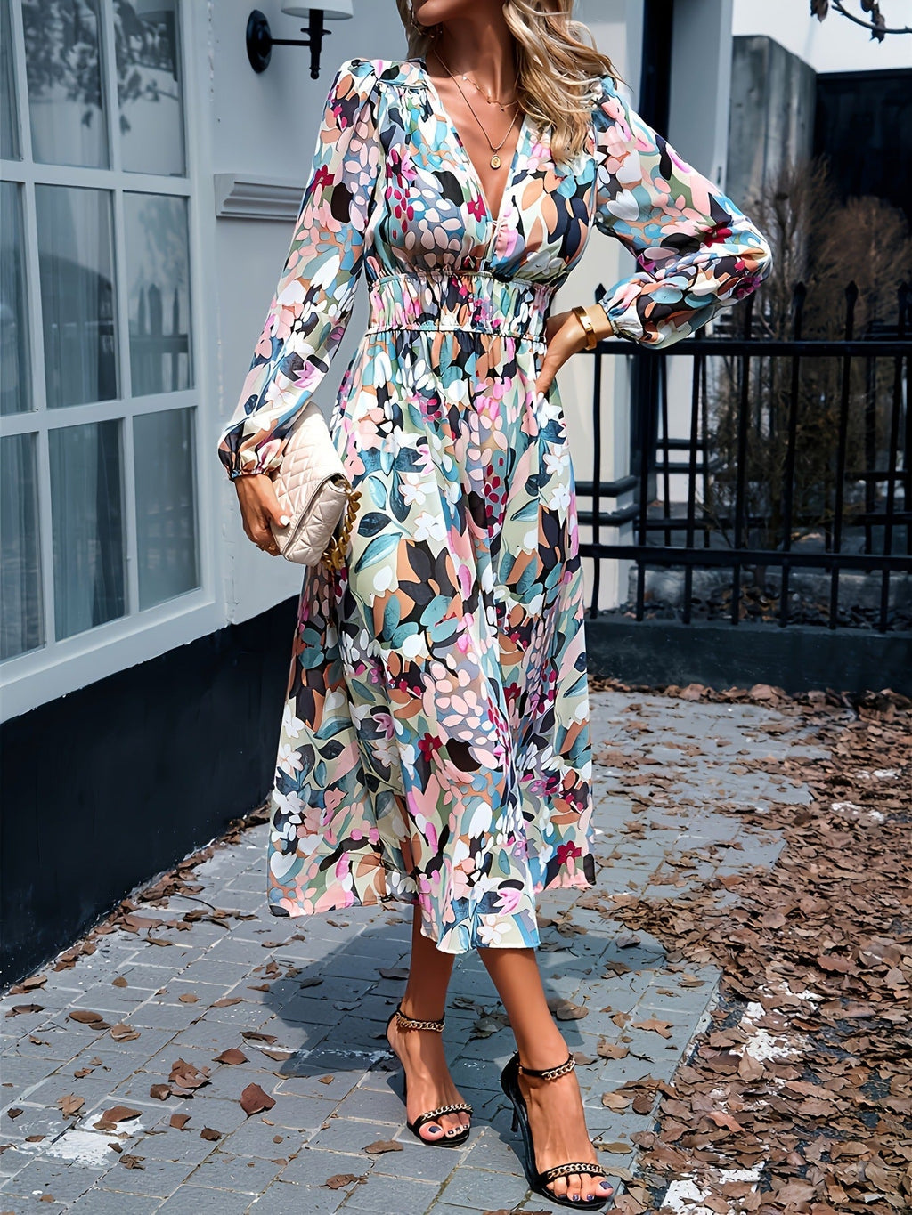 Floral Print Long Sleeve Wedding Guest Midi Dress