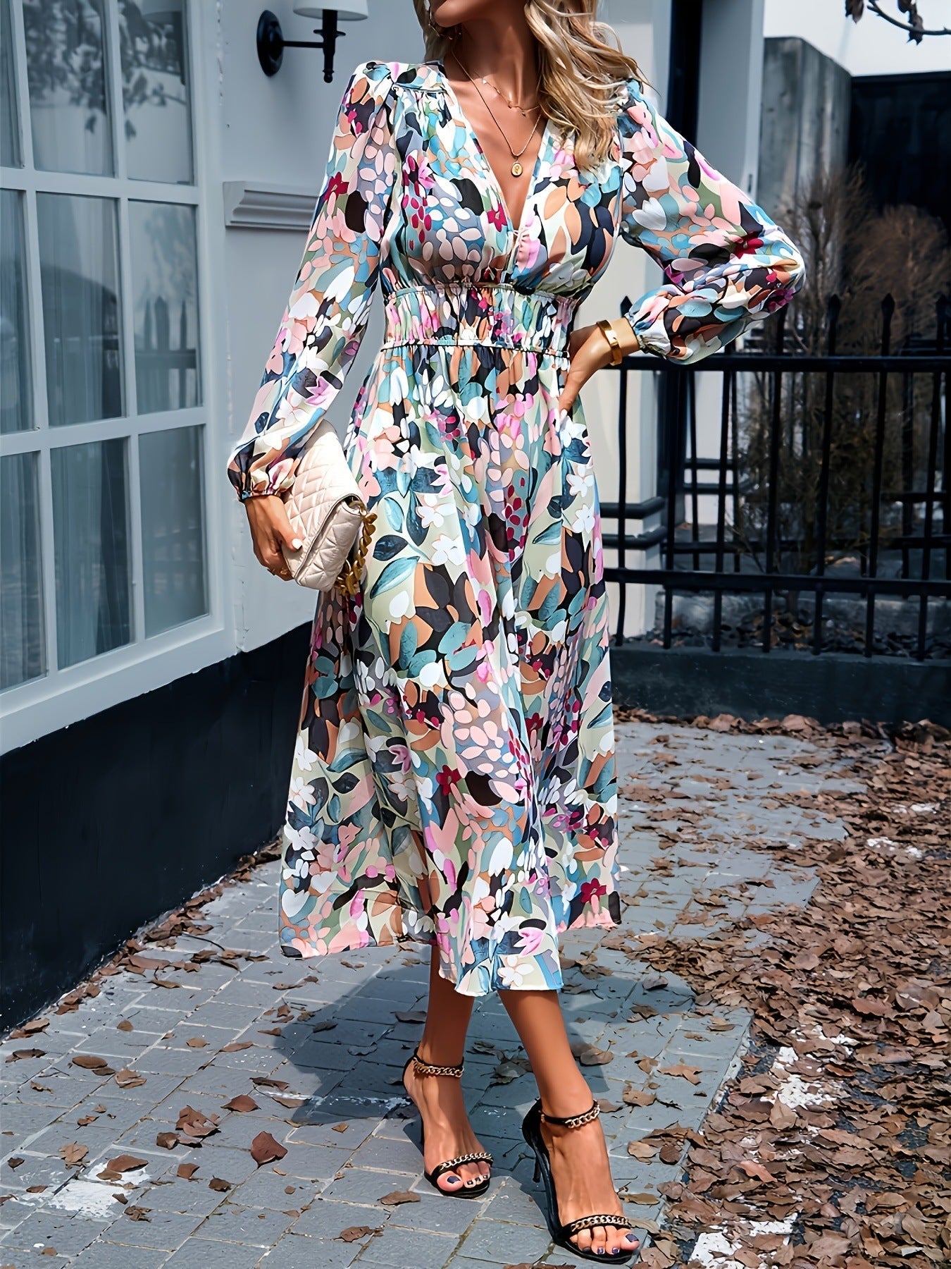 Floral Print Long Sleeve Wedding Guest Midi Dress