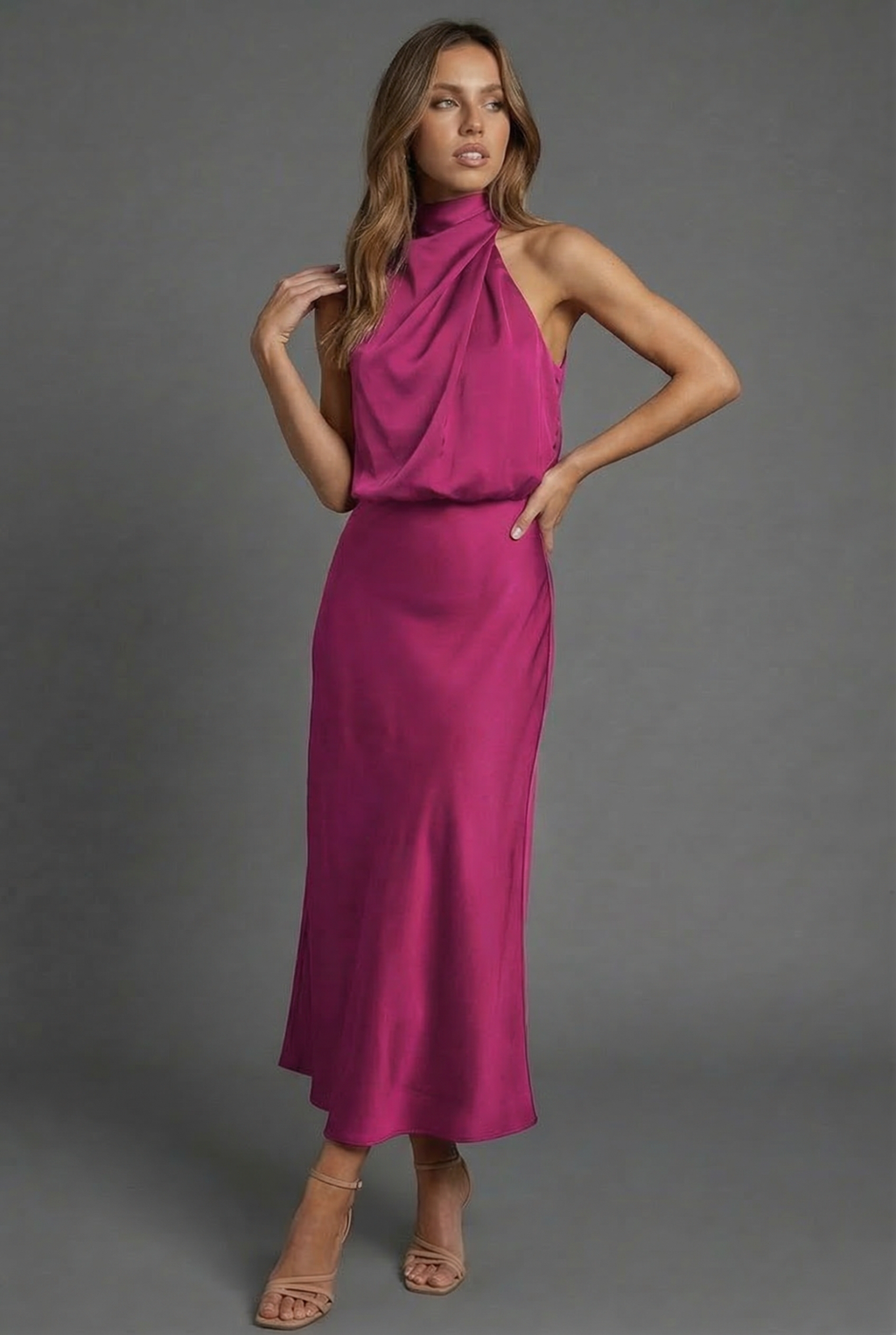 Halterneck Satin Style Wedding Guest Midi Dress